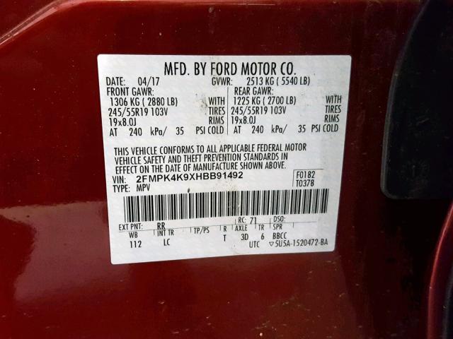 2FMPK4K9XHBB91492 - 2017 FORD EDGE TITAN MAROON photo 10