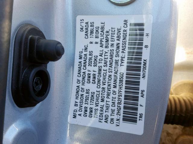 2HGFB2F97FH538500 - 2015 HONDA CIVIC EXL ვერცხლისფერი ფოტო 10