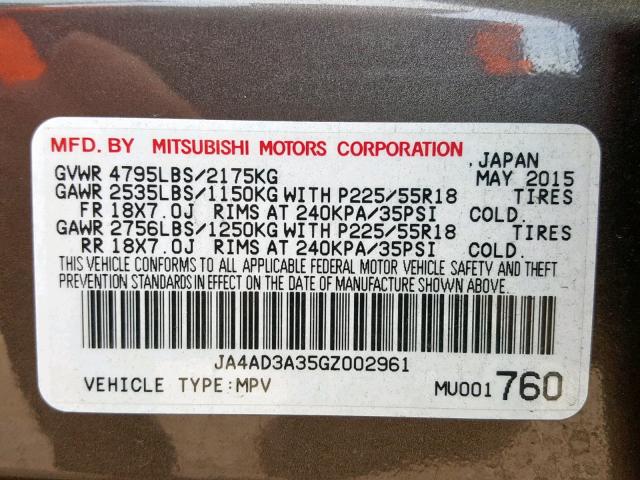 JA4AD3A35GZ002961 - 2016 MITSUBISHI OUTLANDER CHARCOAL photo 10