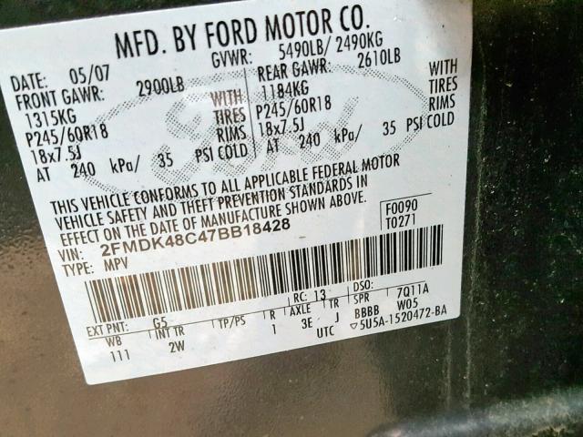 2FMDK48C47BB18428 - 2007 FORD EDGE SEL GRAY photo 10