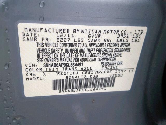 3N1AB6AP0CL684491 - 2012 NISSAN SENTRA 2.0 SILVER photo 10