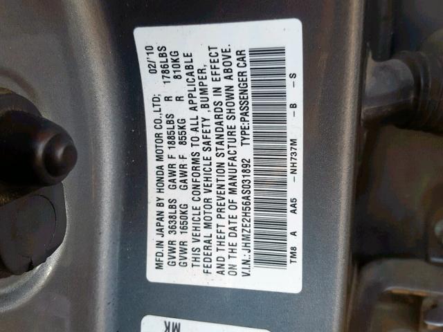 JHMZE2H56AS031892 - 2010 HONDA INSIGHT LX GRAY photo 10