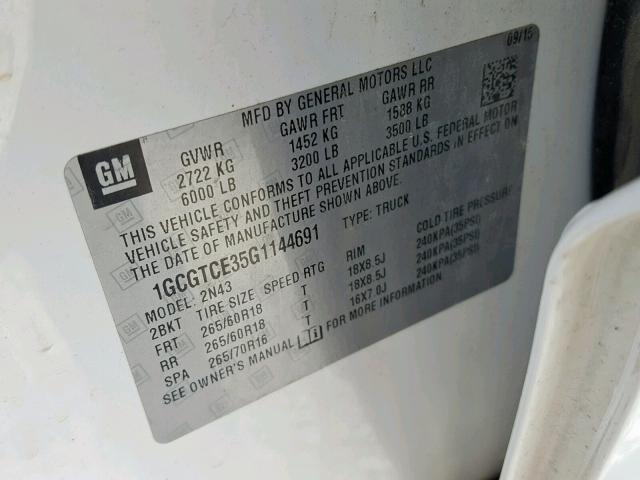 1GCGTCE35G1144691 - 2016 CHEVROLET COLORADO L WHITE photo 10