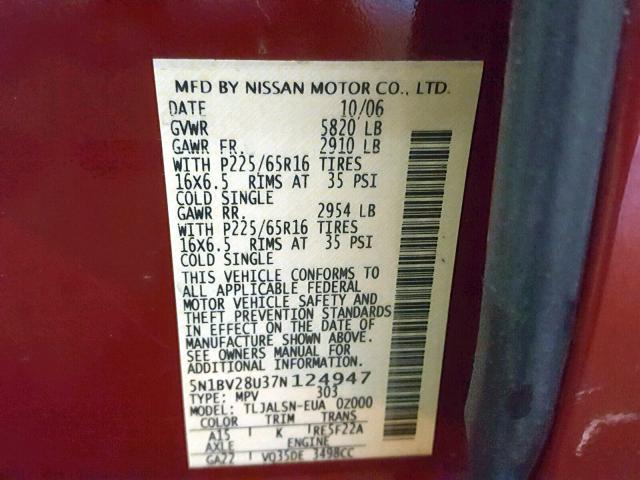 5N1BV28U37N124947 - 2007 NISSAN QUEST S MAROON photo 10