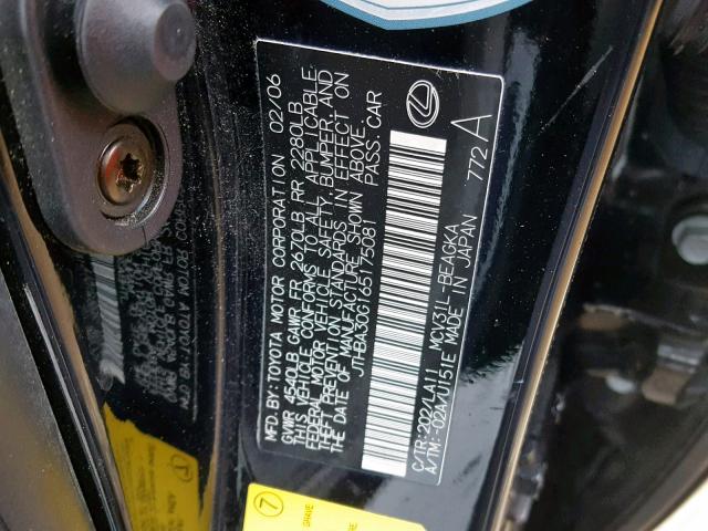 JTHBA30G165175081 - 2006 LEXUS ES 330 BLACK photo 10