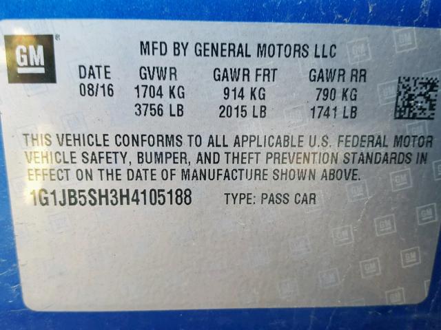 1G1JB5SH3H4105188 - 2017 CHEVROLET SONIC LS 蓝色 照片 10