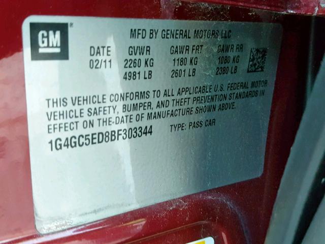 1G4GC5ED8BF303344 - 2011 BUICK LACROSSE C RED photo 10