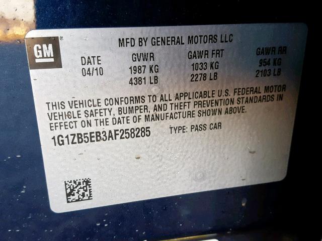 1G1ZB5EB3AF258285 - 2010 CHEVROLET MALIBU LS BLUE photo 10