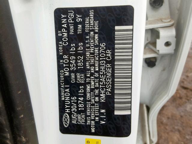 KMHCT5AE5HU310706 - 2017 HYUNDAI ACCENT SE WHITE photo 10