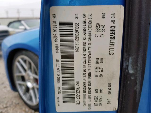 2B3LA73W68H171394 - 2008 DODGE CHARGER SR BLUE photo 10