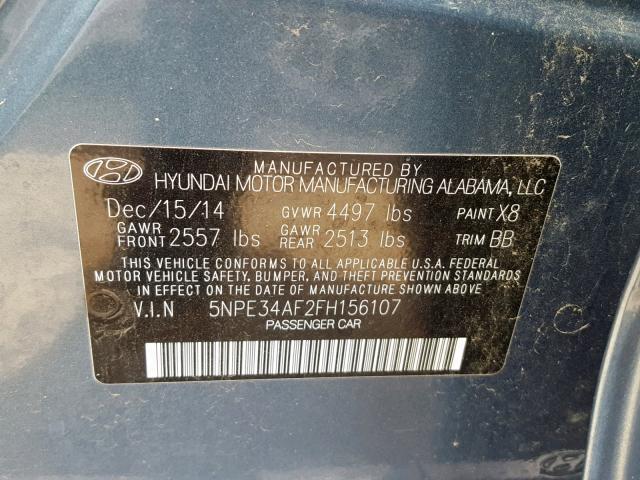 5NPE34AF2FH156107 - 2015 HYUNDAI SONATA SPO BLUE photo 10