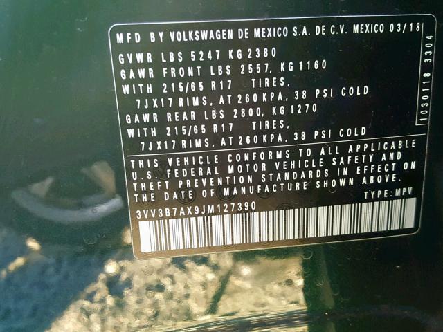 3VV3B7AX9JM127390 - 2018 VOLKSWAGEN TIGUAN SE GREEN photo 10