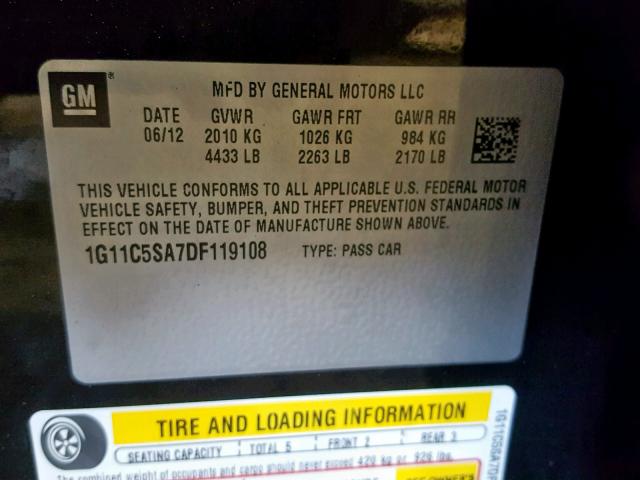 1G11C5SA7DF119108 - 2013 CHEVROLET MALIBU 1LT გრაფიტი ფოტო 10