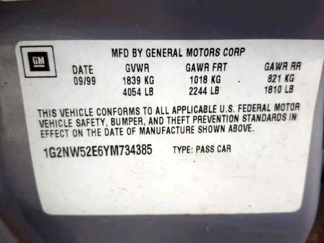 1G2NW52E6YM734385 - 2000 PONTIAC GRAND AM G SILVER photo 10