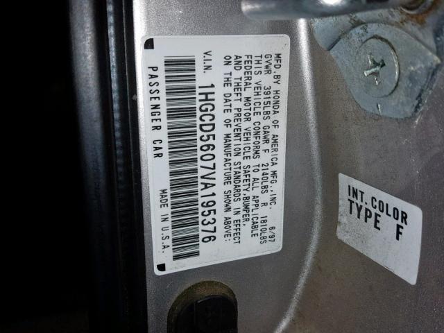 1HGCD5607VA195376 - 1997 HONDA ACCORD GRAY photo 10