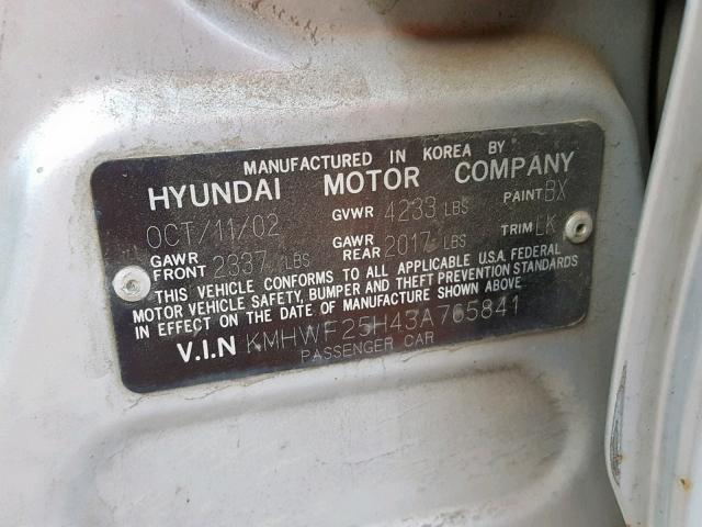 KMHWF25H43A765841 - 2003 HYUNDAI SONATA GL SILVER photo 10