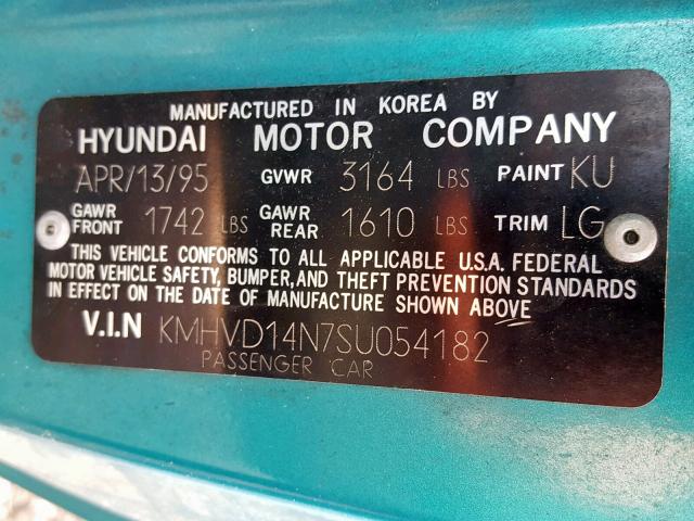 KMHVD14N7SU054182 - 1995 HYUNDAI ACCENT BAS GREEN photo 10