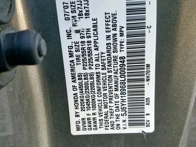 5J6YH18968L000948 - 2008 HONDA ELEMENT SC GRAY photo 10