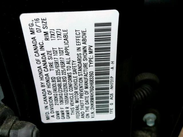 2HKRM4H76GH683260 - 2016 HONDA CR-V EXL BLACK photo 10