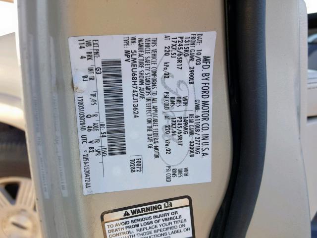 5LMEU68H74ZJ13624 - 2004 LINCOLN AVIATOR 金色 照片 10