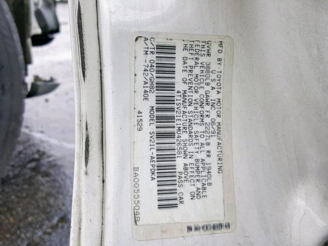 4T1SV21E1MU426581 - 1991 TOYOTA CAMRY DLX თეთრი ფოტო 10