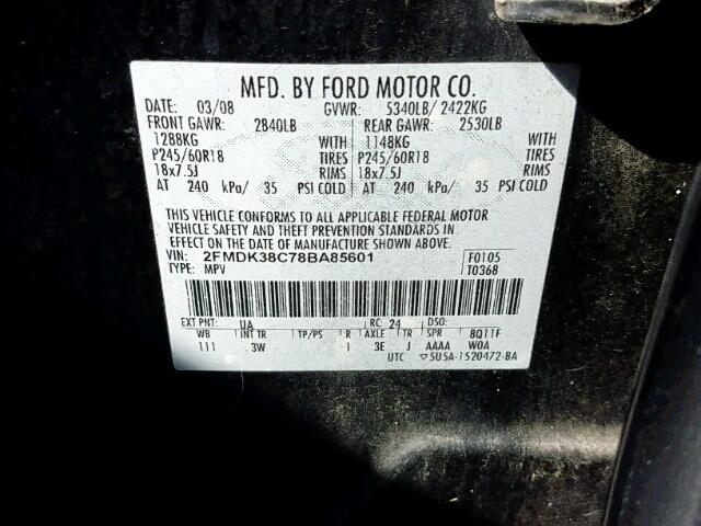 2FMDK38C78BA85601 - 2008 FORD EDGE SEL BLACK photo 10