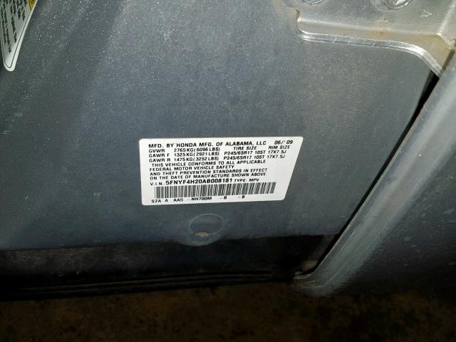 5FNYF4H20AB008181 - 2010 HONDA PILOT LX SILVER photo 10