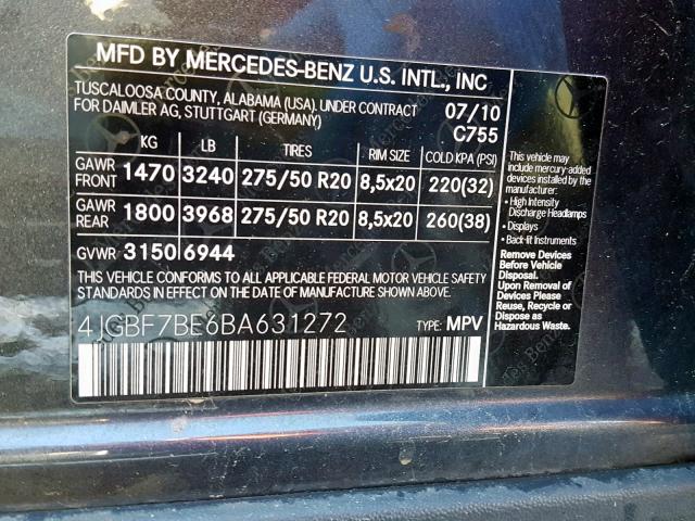 4JGBF7BE6BA631272 - 2011 MERCEDES-BENZ GL 450 4MA CHARCOAL photo 10