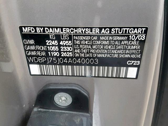 WDBPJ75J04A040003 - 2004 MERCEDES-BENZ CL 500 SILVER photo 10