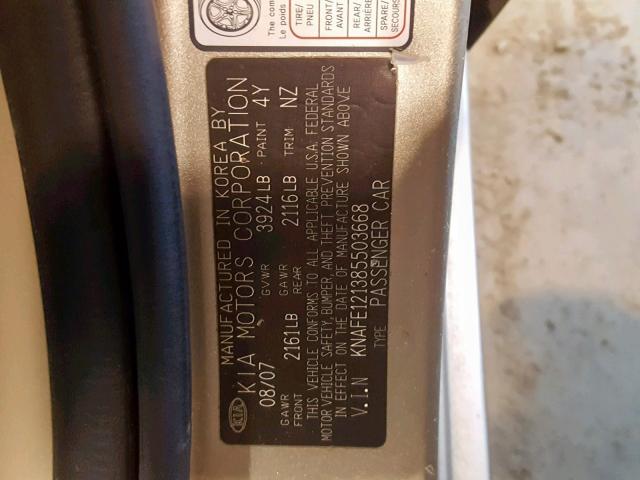 KNAFE121385503668 - 2008 KIA SPECTRA EX GOLD photo 10