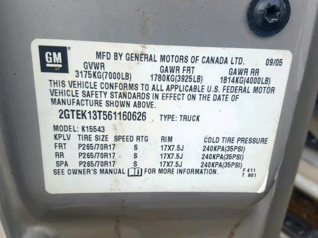 2GTEK13T561160626 - 2006 GMC NEW SIERRA SILVER photo 10