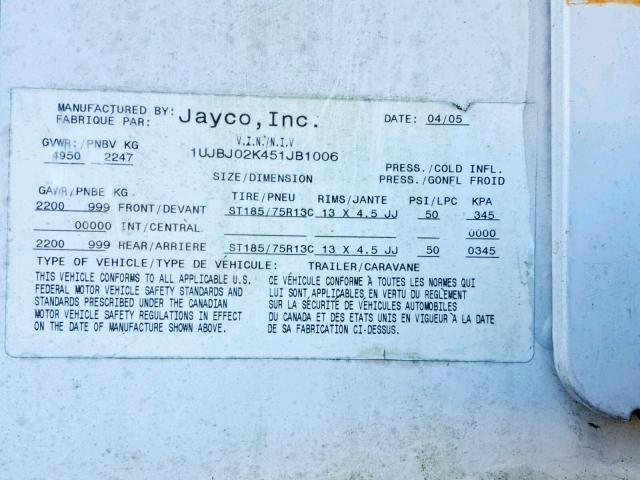 1UJBJ02K451JB1006 - 2005 JAYCO JAYFEATHER  WHITE photo 10