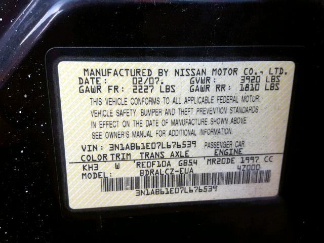 3N1AB61E07L676539 - 2007 NISSAN SENTRA 2.0 BLACK photo 10