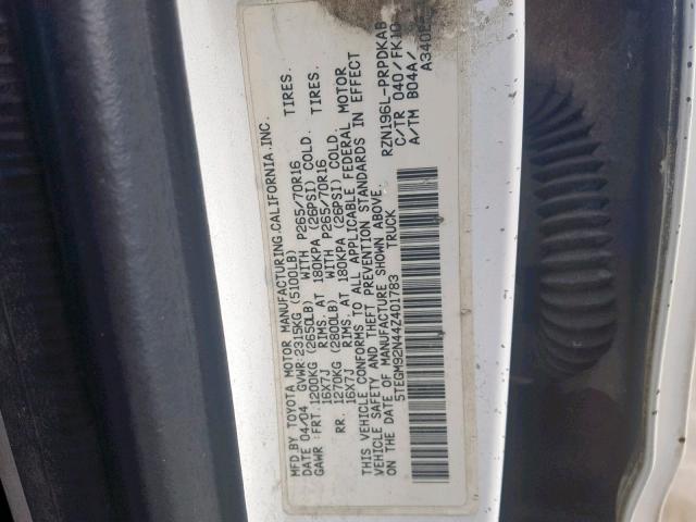 5TEGM92N44Z401783 - 2004 TOYOTA TACOMA DOU WHITE photo 10