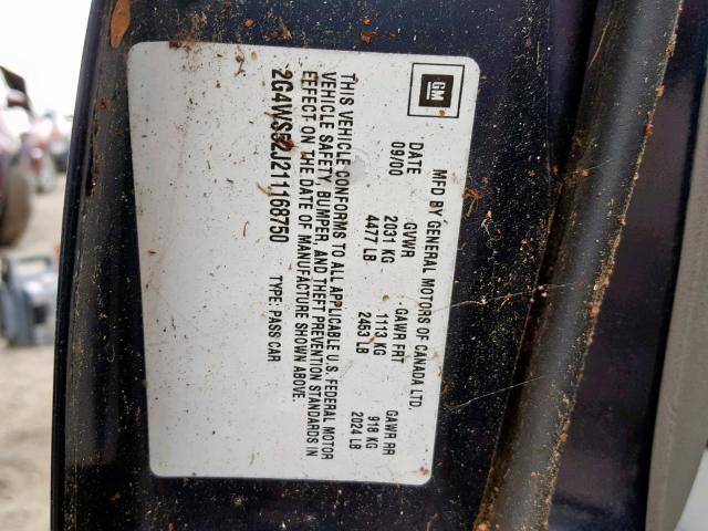 2G4WS52J211168750 - 2001 BUICK CENTURY CU BLUE photo 10