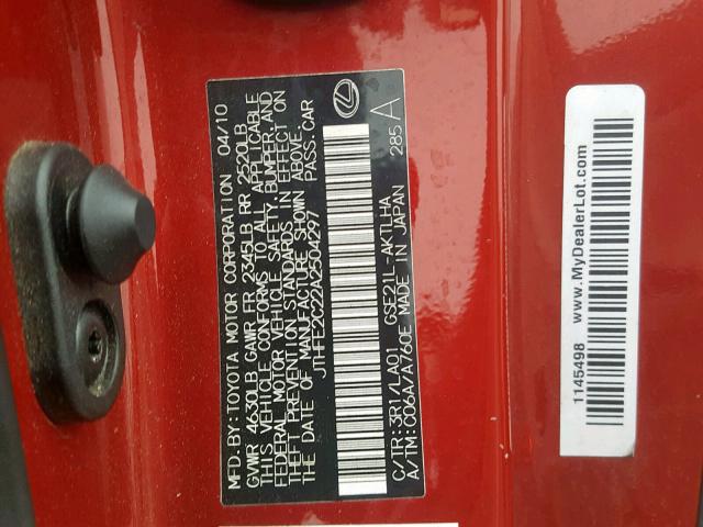 JTHFE2C22A2504297 - 2010 LEXUS IS 350 RED photo 10