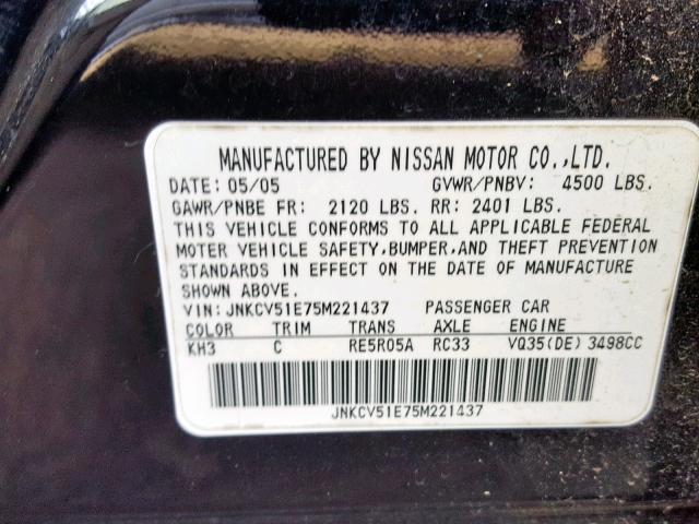 JNKCV51E75M221437 - 2005 INFINITI G35 BLACK photo 10