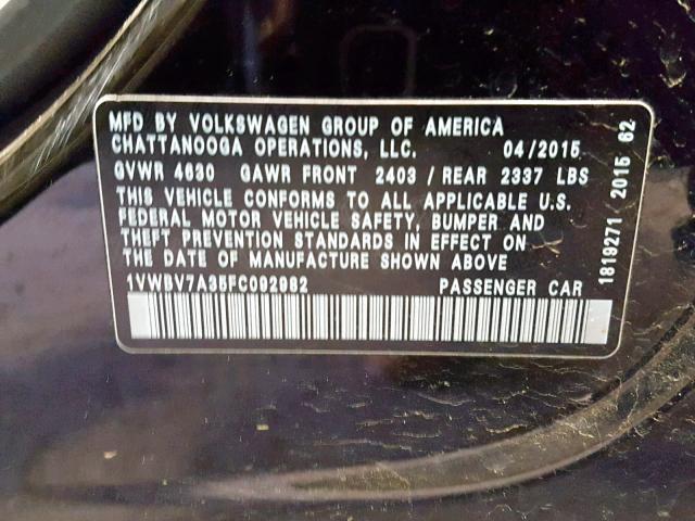 1VWBV7A35FC092982 - 2015 VOLKSWAGEN PASSAT SE BLACK photo 10