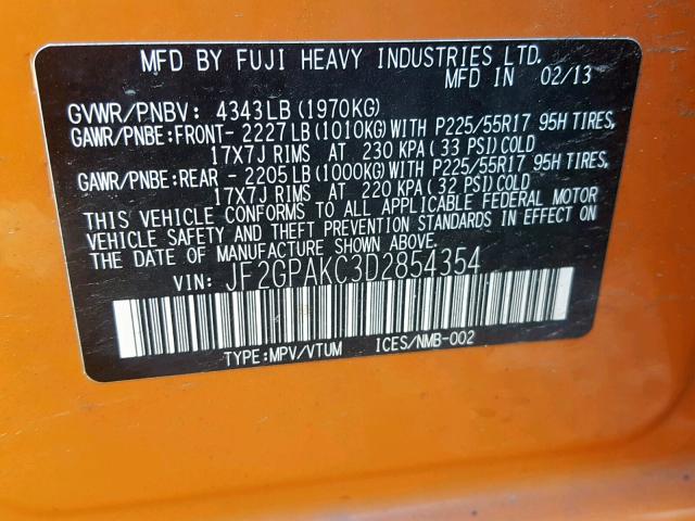 JF2GPAKC3D2854354 - 2013 SUBARU XV CROSSTR ORANGE photo 10