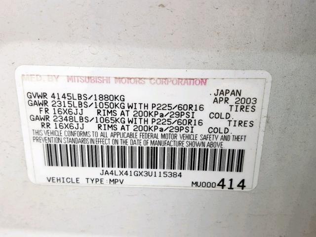 JA4LX41GX3U115384 - 2003 MITSUBISHI OUTLANDER WHITE photo 10