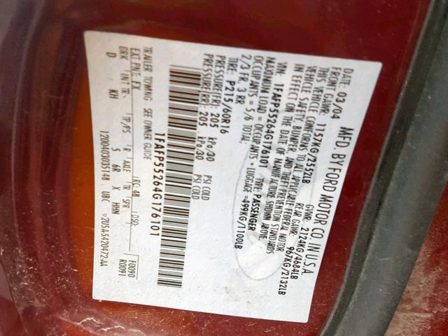 1FAFP55264G176101 - 2004 FORD TAURUS SES RED photo 10