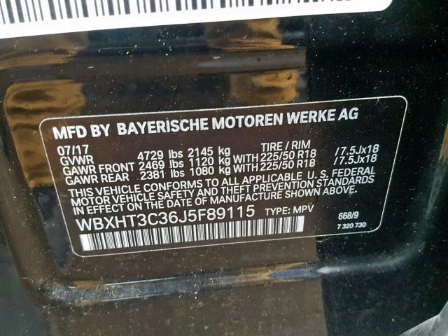 WBXHT3C36J5F89115 - 2018 BMW X1 XDRIVE2 BLACK photo 10