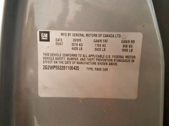 2G2WP552281106435 - 2008 PONTIAC GRAND PRIX ნაცრისფერი ფოტო 10