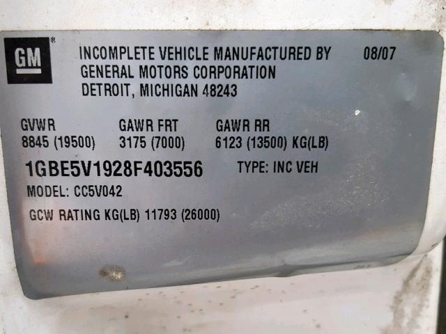 1GBE5V1928F403556 - 2008 CHEVROLET C5500 C5V0 WHITE photo 10