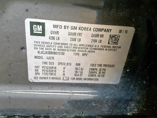 KL4CJASB8HB015760 - 2017 BUICK ENCORE PRE CHARCOAL photo 10