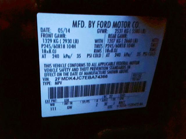 2FMDK4JC7EBA74366 - 2014 FORD EDGE SEL BLACK photo 10