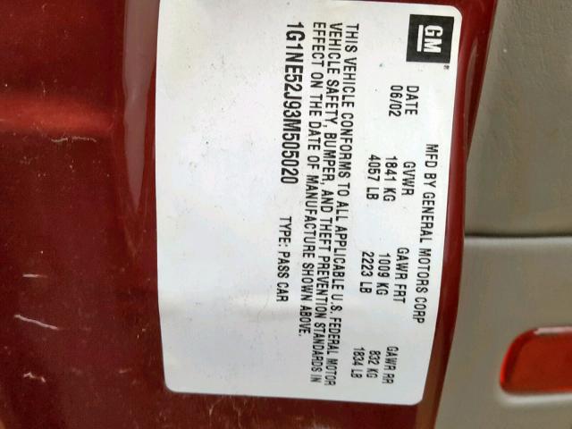 1G1NE52J93M505020 - 2003 CHEVROLET MALIBU LS 红色 照片 10