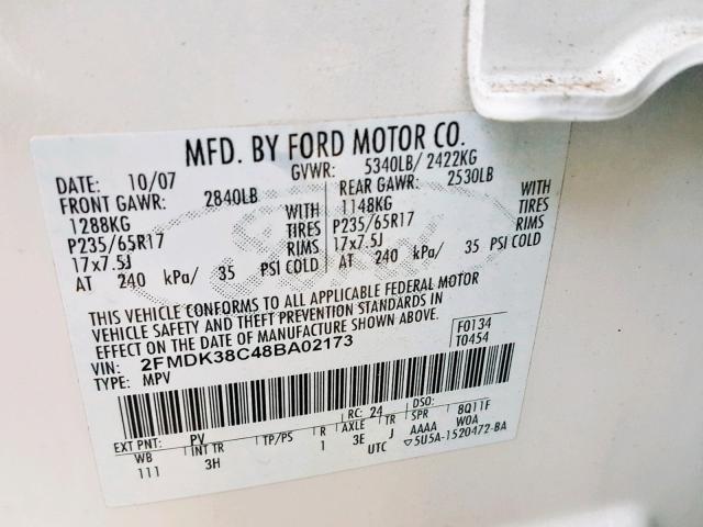 2FMDK38C48BA02173 - 2008 FORD EDGE SEL WHITE photo 10