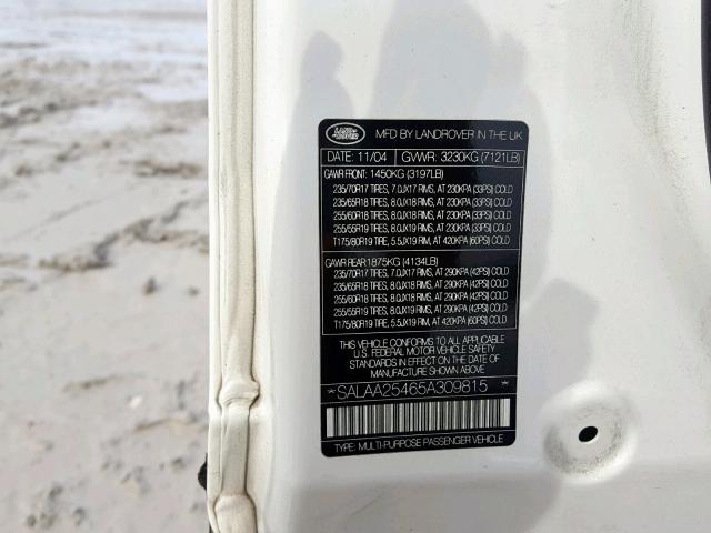 SALAA25465A309815 - 2005 LAND ROVER LR3 WHITE photo 10