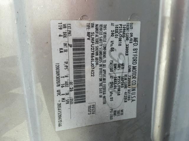 5LMFU27R64LJ07422 - 2004 LINCOLN NAVIGATOR 银色 照片 10